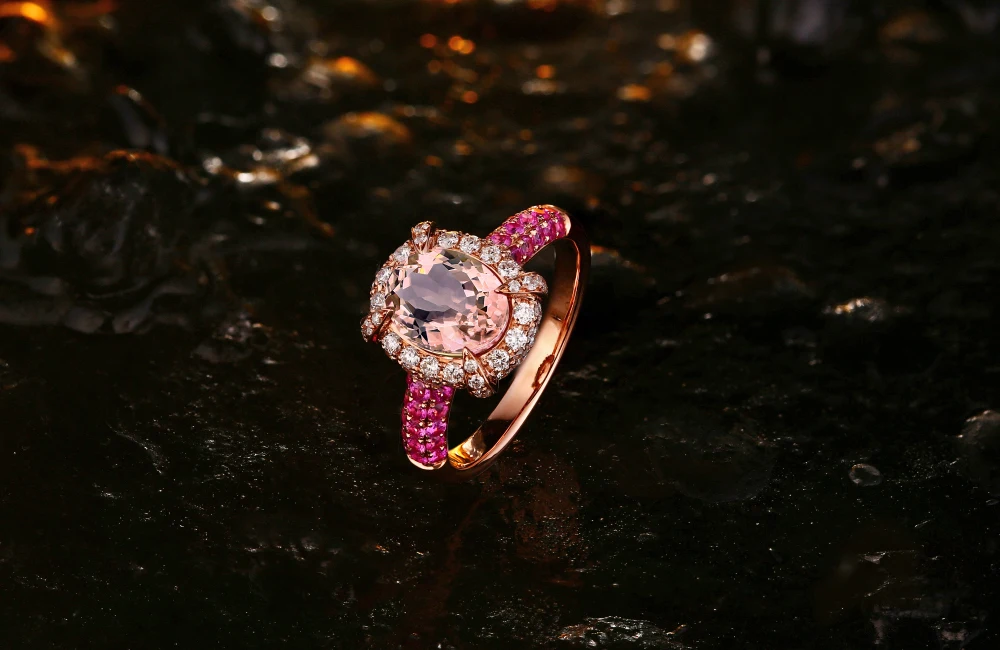 CaiMao 14KT/585 Rose Gold 0.59ct Round Cut Diamond 0.54ct Pink Sapphire 1.79ct Natural Morganite Engagement Ring Jewelry