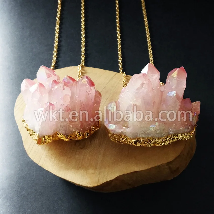 WT-N533 Wholesale 10pcs raw quartz aura necklace rough pink cluster Aura with gold color on edge | Украшения и аксессуары
