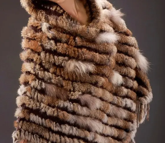 CX-B-89 Последняя мода Deshign дамы с капюшоном ручной вязки из натурального кроличьего меха пуловер, отделанный бахромой шаль