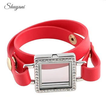 

5pcs/lot Hign Quality Crystal Square Magnetic Glass Locket Bracelet Red Leather Wrap Locket Bracelet for Men/Women