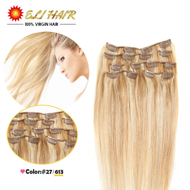Color 27/613 Brazilian Virgin Hair Clip In Human Hair Extensions Full
