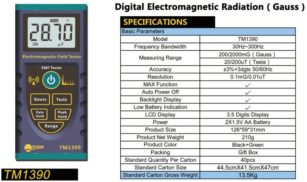 TM1390 electromagnetic Radiation Radiometer Instrument Measuring The Magnetic Field Radiation Tester Gauss Meter TECMAN TM1390 electromagnetic Radiation Radiometer Instrument Measuring The Magnetic Field Radiation Tester Gauss Meter TECMAN