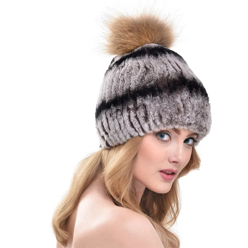 New Fashion Natural Fur Caps Women Real Rex Rabbit Fur Hat With Fur Raccoon Fur Pom Poms Knit Caps LH344 - Цвет: color 3