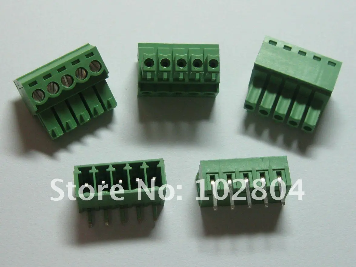 100 pcs Angle 5pin/way Pitch 3.5mm Screw Terminal Block Connector Green Color Pluggable Type with angle pin