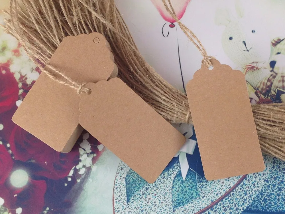 400PCS/Lot 8*4cm Kraft Paper Tags+400PCS Hemp Strings Lace Scallop Blank Hang Tags Head Card Price Label Tag Accept Custom Logo