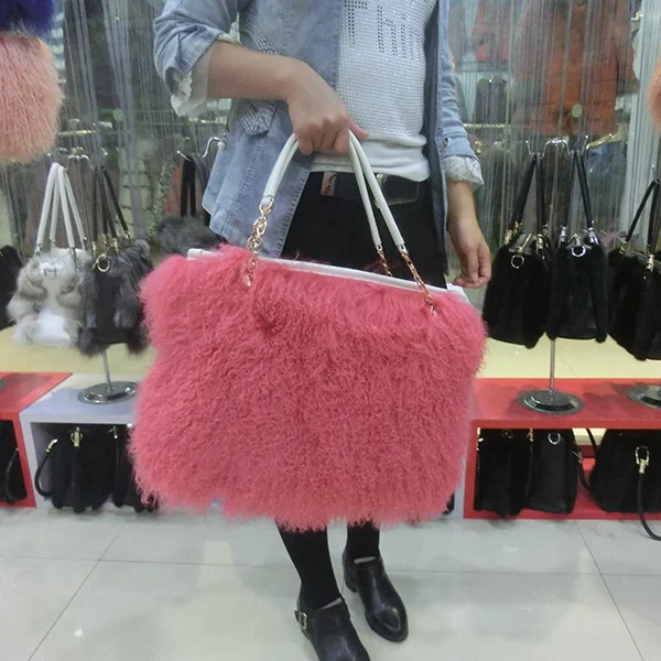 Wholesale Price Ladies White Sheep Fur Handbag / Real Fur Bags