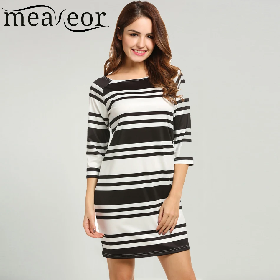 Meaneor Striped Dress Women Spring Summer Boat Neck 3/4 Sleeve Casual
