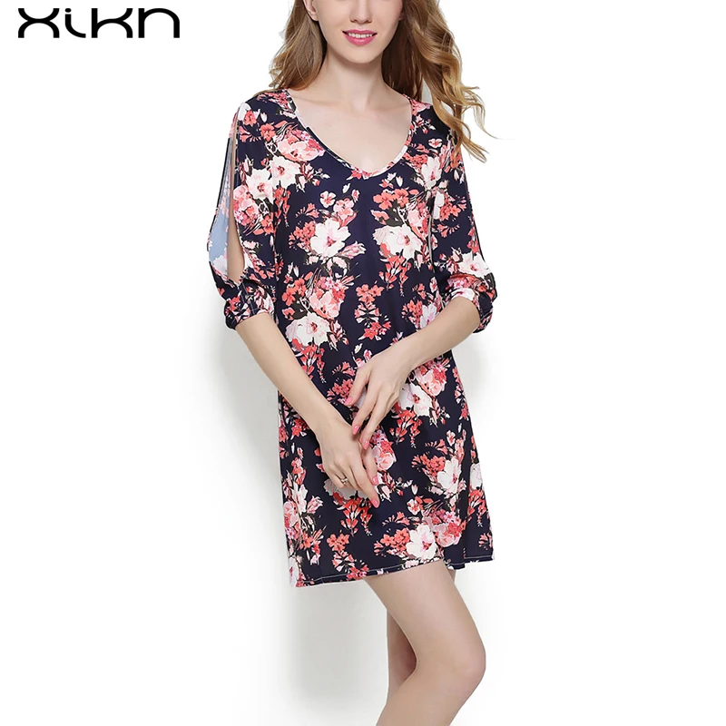 Для женщин с открытыми плечами осень шифоновое платье Цветочный принт богемное