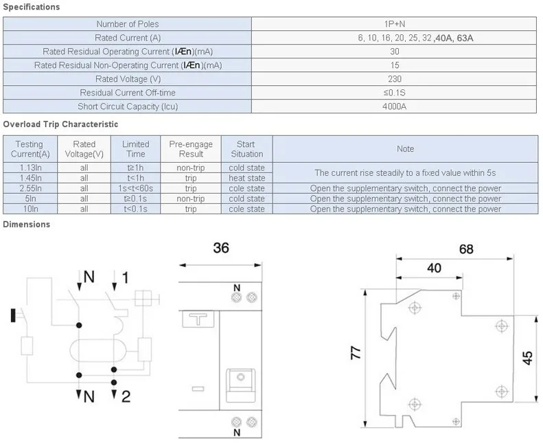 DPNL 1P+ N 63A 230V~ 50 HZ/60 HZ автоматический выключатель с защитой от перегрузки по току и утечки RCBO