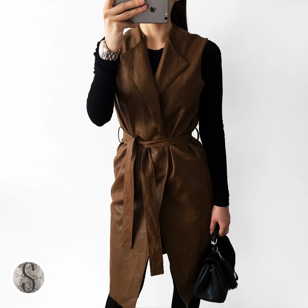 2017 New Spring and Autumn Leather Suede Sleeveless Jackets Women Basic Coat Long Outerwear Clothing Female Slim Fashion Coats