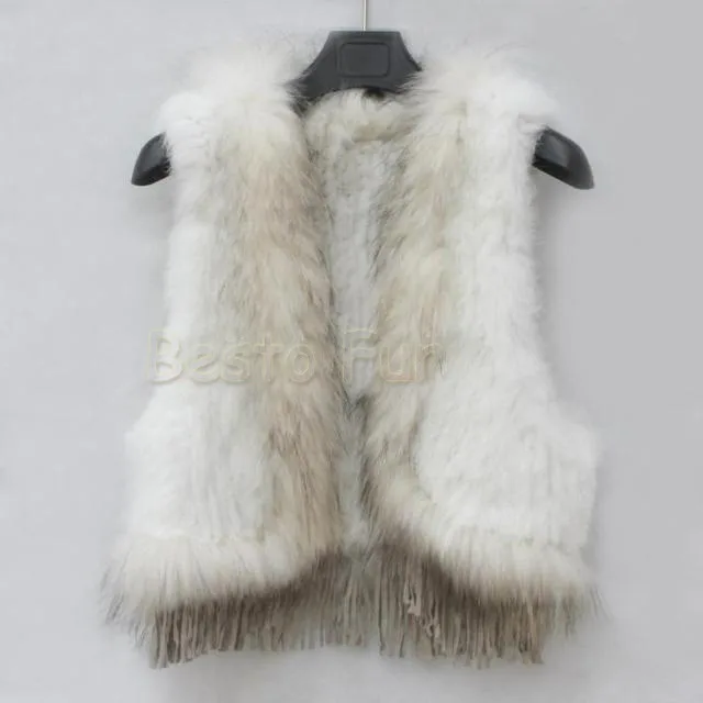 Зимняя мода Женская стильная натуральная/натуральный кроличий мех воротник из енота вязаный жилет отделка жилетка пальто с кисточками