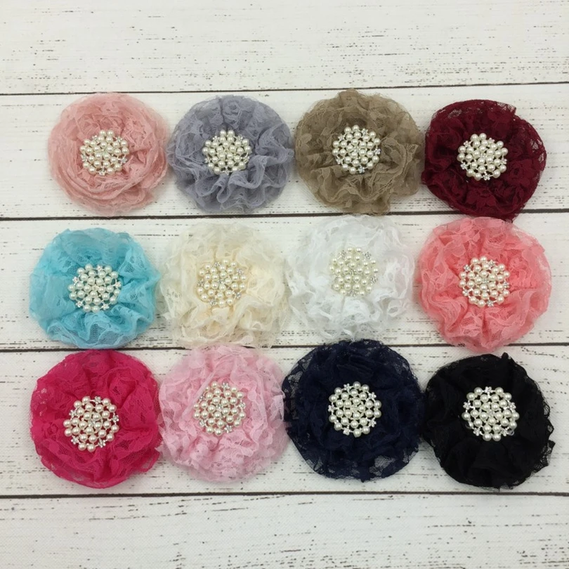 

10pcs/lot 9cm 12colors Hair Clips Beaded Chiffon Flower+Pearl Rhinestone Button Shabby Lace Ruffled Fabric Flowers For Headbands