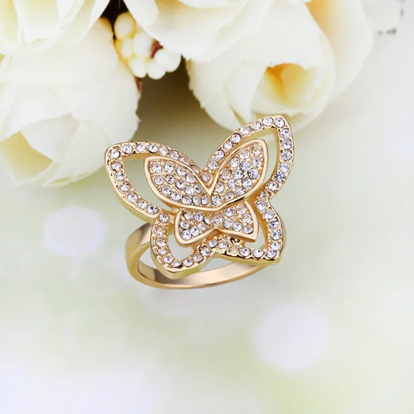 Крылья цвет золота гальваническим Австрия Кристалл Чешский Бабочка Rhinestone кольца для Для женщин Jewelry LKN18KRGPR311