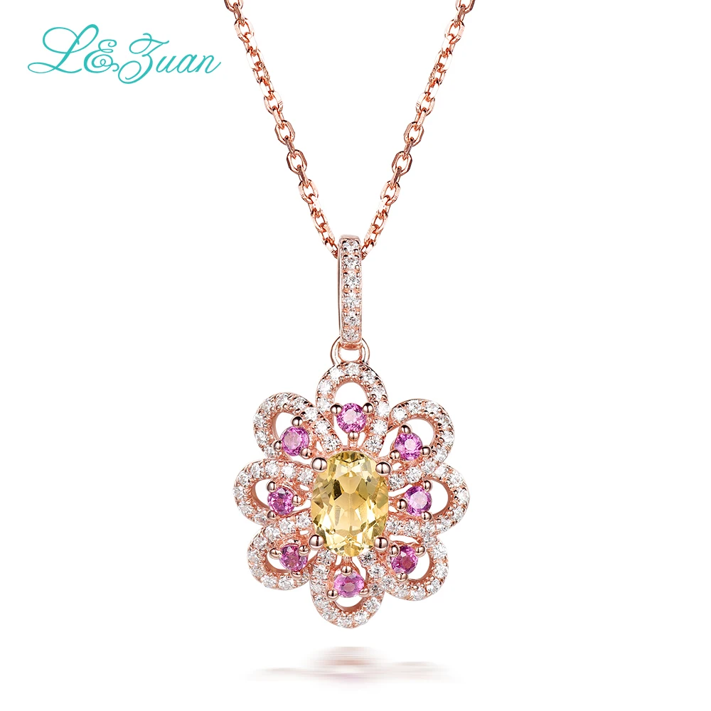 

l&zuan 925 Silver Citrine Woman Pendant Trendy 0.82ct Natural Yellow Gemstones Flower Sweater Chain Fine Jewelry