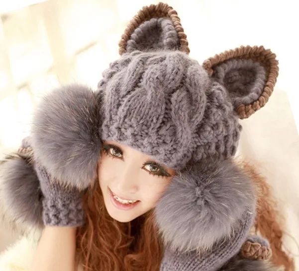 Осень и зима шерстяная вязаная модная дизайнерская шапка с искусственным мехом кошки только женские модные аксессуары