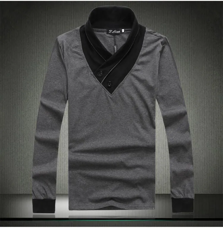 Новая весна и осень Мужская slim fit V шеи Длинные рукава футболка мужская одежда мода черный и темно-серый Основные хлопок футболки D140