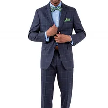 Молодая Проверьте синий Fit костюм лацканы официальная Вечеринка Для мужчин костюмы Костюмы для жениха best человек смокинг Блейзер смокинг Жених костюм