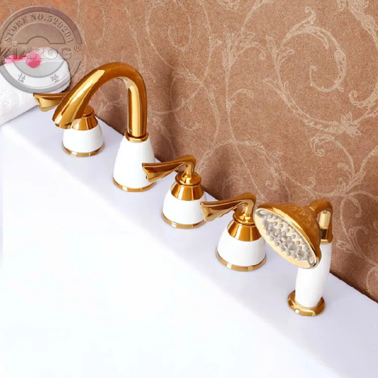Три ручки и один душ головы Ванна золото Faucet. золото Ванна водопроводный кран. Ванная комната золото Ванна смеситель 5 комплектов GY-607S