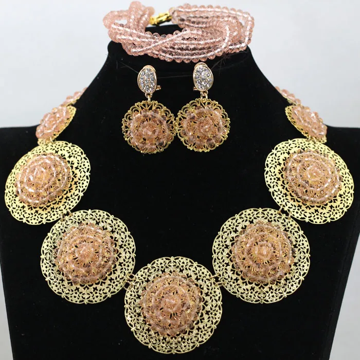 Latest Peach Color Crystal Fashion African Jewelry Set Round Plate