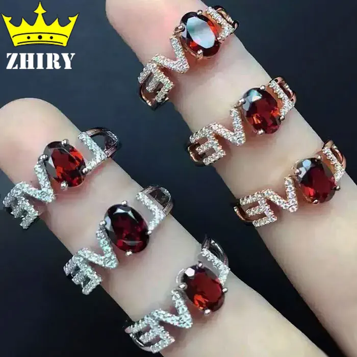 

Natural Garnet gem ring Genuine 925 sterling silver woman jewelry LOVE rings