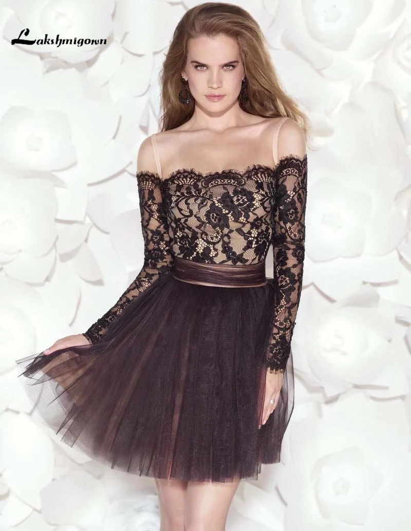 Gorgeous Long Sleeve Black Homecoming font b Dresses b font A line Mini Lace font b