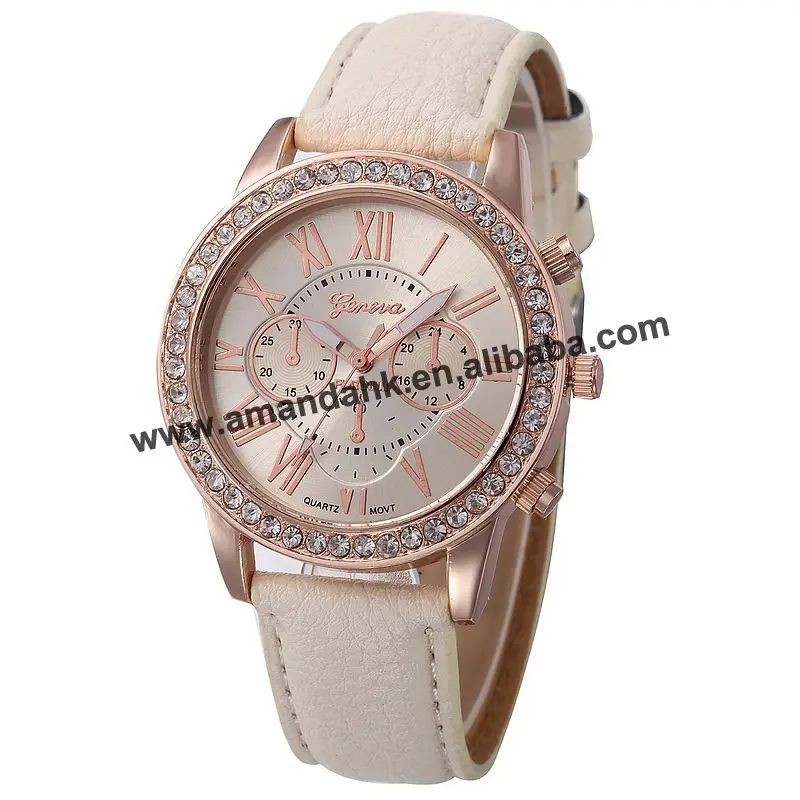High Wholesale High Quality Crystal Leather Watch Women Fashion Cute Dress Wrist Watch Luxury Leather Roman Number Watches