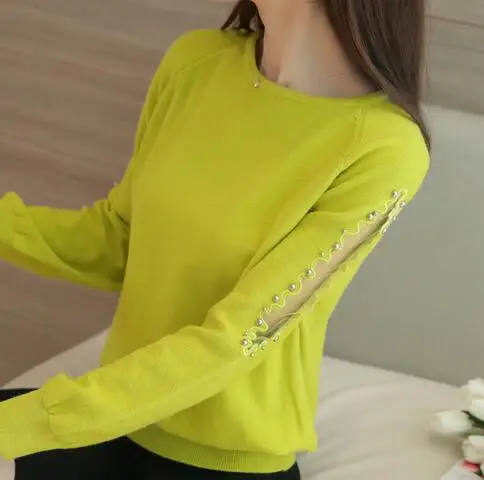 yellow OHCLOTHING весенние свободные свитера с кружевными бусинами, Женский Короткий кружевной свитер с бусинами, универсальная одноцветная рубашка - Цвет: yellow