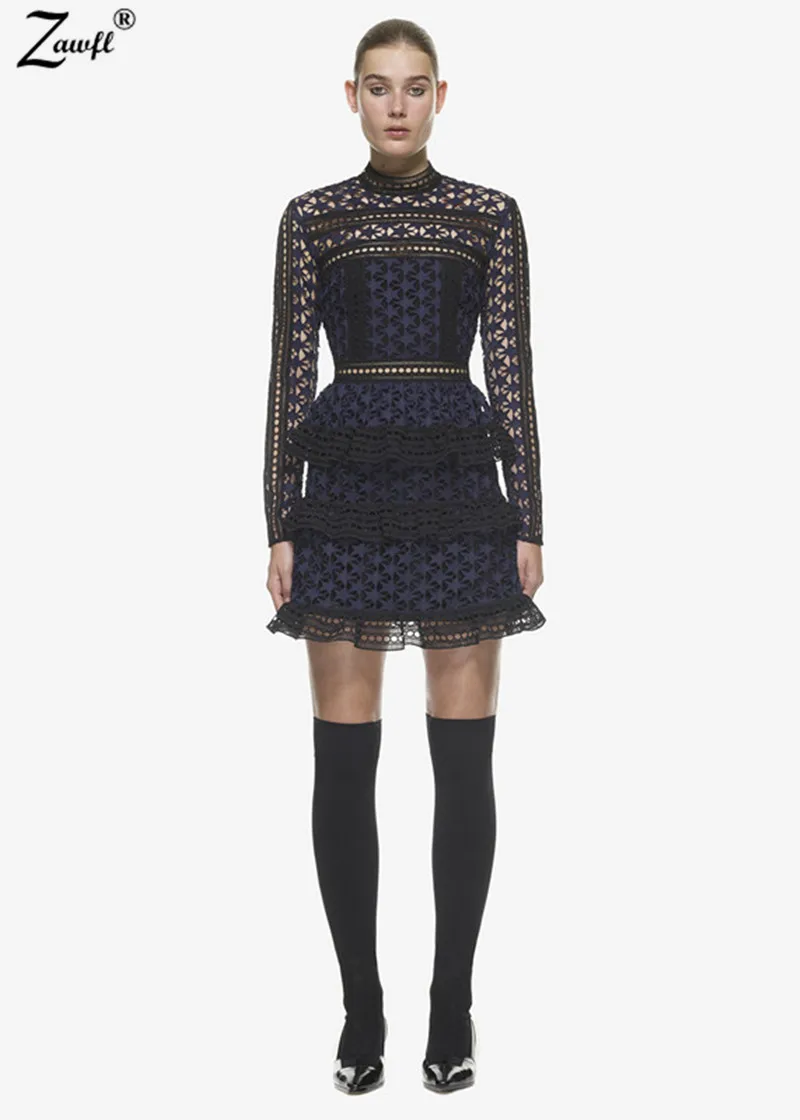 

ZAWFL High Quality Self Portrait Dress 2019 Spring New Arrival Long Sleeve Hollow Out Layered Elegant Evening Party Dresses