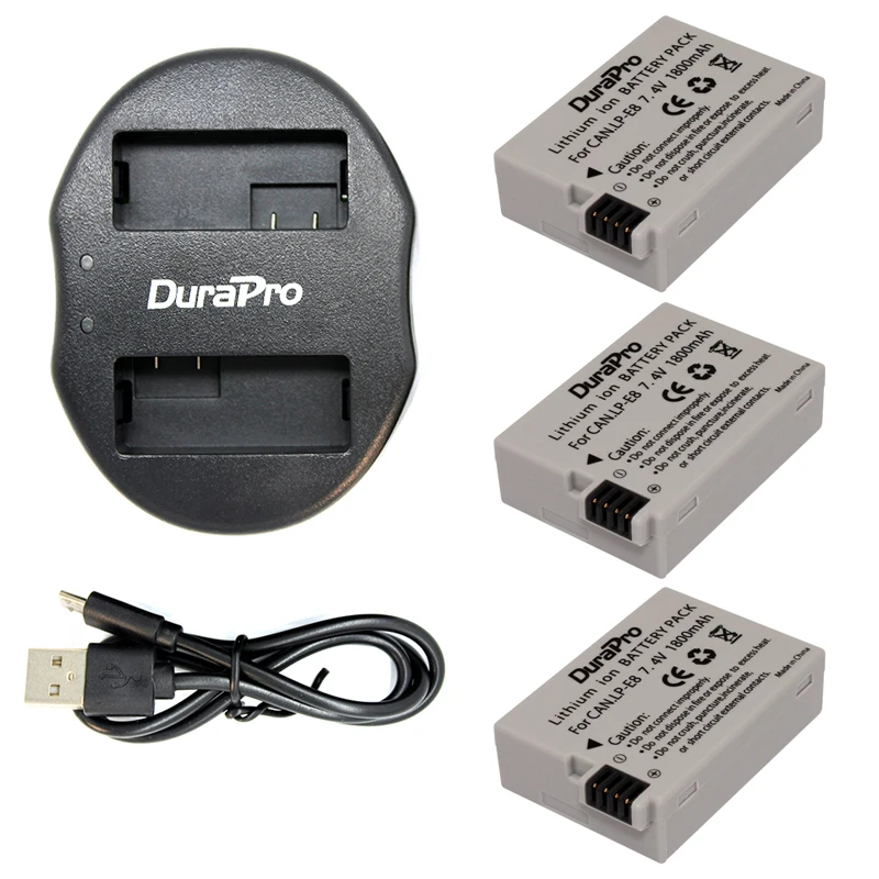 DuraPro 3 шт. LPE8 LP-E8 LP E8 Батарея + USB двойной Зарядное устройство для Canon EOS 550D 600D 650D 700D Rebel t2i T3i T4i T5i Поцелуй X4 X5 x6i X7