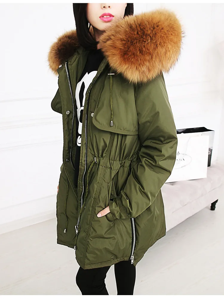 20 см большой натуральный мех енота зимние женские куртки и пальто белая куртка-пуховик утолщенная парка верхняя одежда армейский зеленый