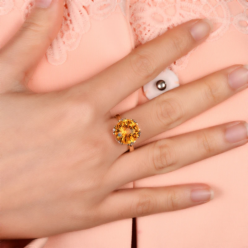 Caimao Jewelry 12mm Round Cut 7.21ct Citrine Ring 14k Gold With Natural Diamond