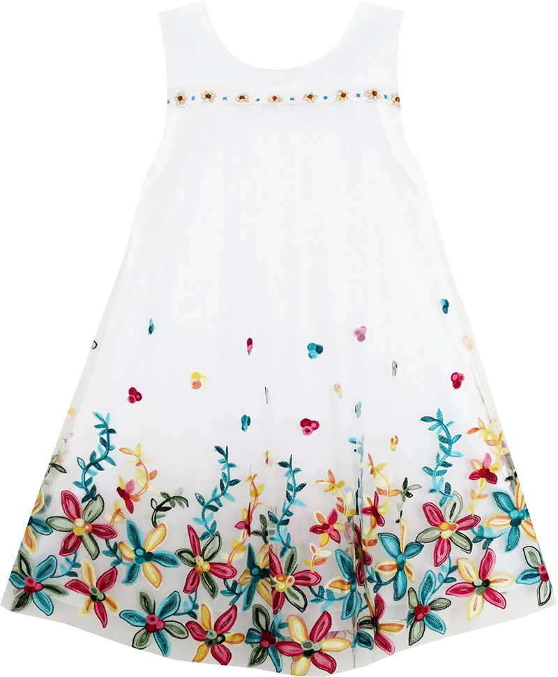 

Girls Dress Tank Sleeveless Lace Flower Embroidered Tulle Overlay 2019 Summer Princess Wedding Party Dresses Children Clothes