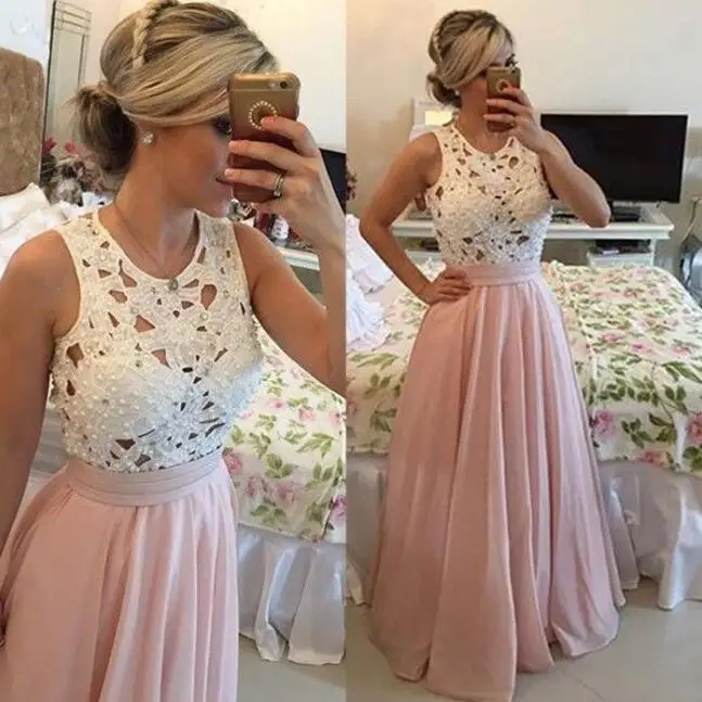  2016 New arrival Women's white Hollow lace chest have Pearl  and pink sleeveless long dress party club dress dropship&wholesale 