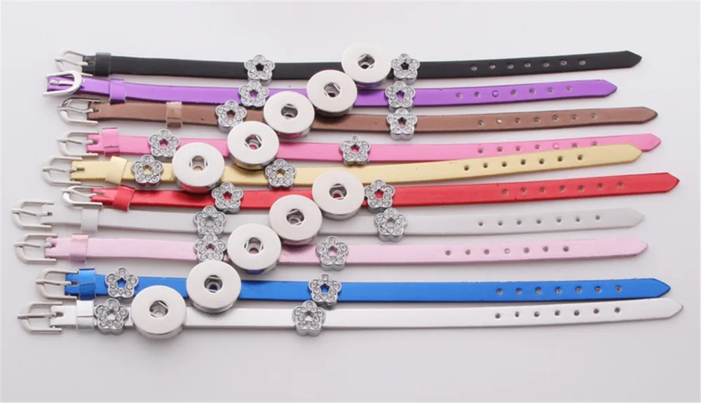 

10pcs/lot Mix Colors Fashion Narrow PU Leather Metal Diy Interchangeable 18mm Snap Button Bracelet Rhinestone Jewelry