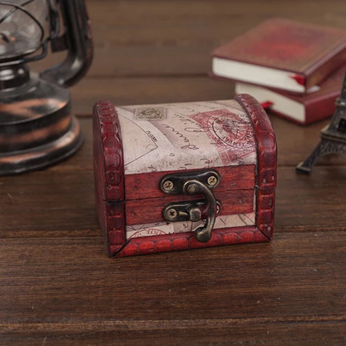 Retro Stamp Style Wooden Jewelry Storage Box Organizer Case with Metal Lock