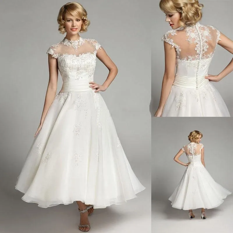 Новое поступление, vestido de noiva, с высоким воротом, длиной до середины икры, размер под заказ, белый цвет, цвета слоновой кости, кружевной корсет, вечерние платья для матери невесты