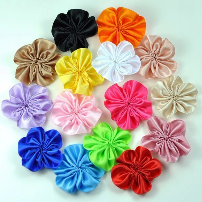 

10pcs/lot 2" 16colors Hair Clips Satin Ribbon Petal Flower For Hair Accessories Artificial Ruffled Fabric Flowers For Headbands