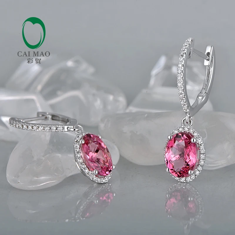Caimao Jewelry 18KT Белое золото 6x8 мм овальным вырезом 2.58ct розовый турмалин и 0.35ct diamond Обручение Серьги