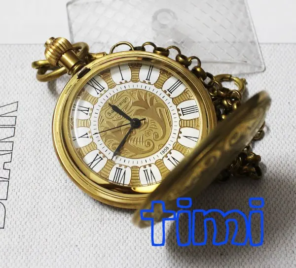 Personalised Half Hunter 100% Brass Crop Plated Skeleton Pocket Mechanical Watch freeship