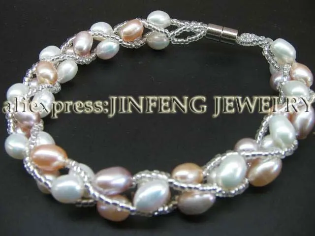 Sets Handcraft mixed rice fresh water pearl necklace & bracelets free shipping
