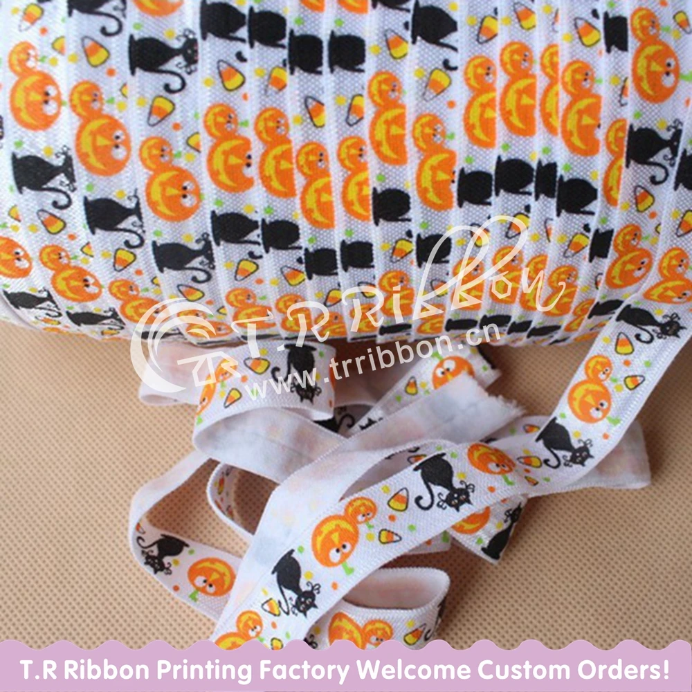 

5/8" 15mm foe printed 50yards/lot Halloween Pumpkin printed fold over elastic ribbons for webbing