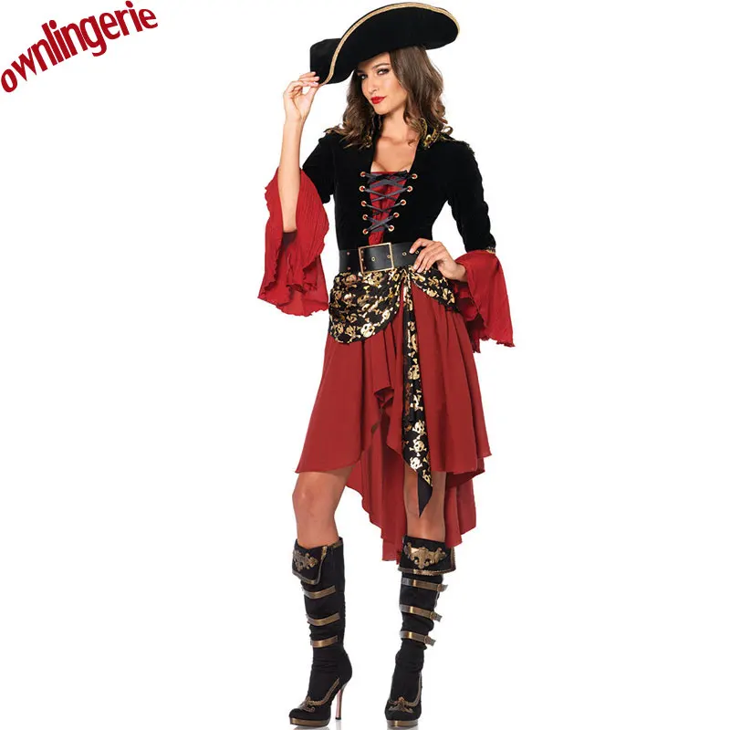Buy Free shipping gold stars style pirate costume,ruffled gangster fancy dress