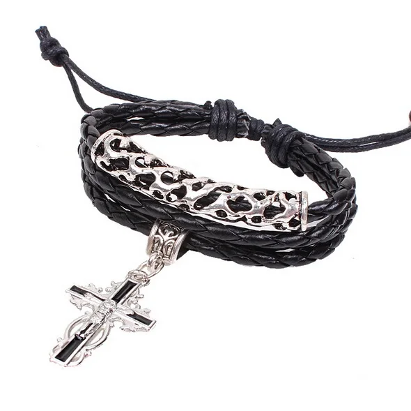 Black Multilayer Jesus on Cross Leather Bracelet Women Men Jewelry