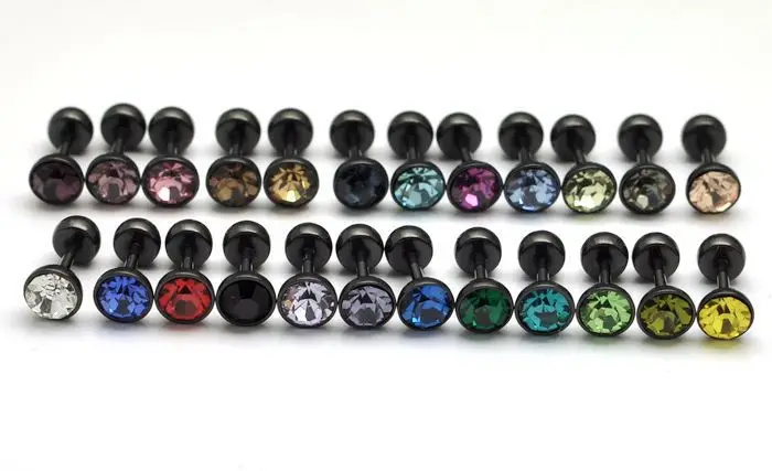 Смешанные 24 цвета серьги «Гантели» язык для мужчин Панк мода Титан черный драгоценный камень мяч серьги гвоздики