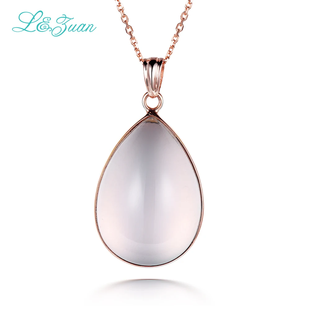 

l&zuan S925 Silver Rose Quartz Woman Pendants Water Drop Pink Natural Gemstones Necklaces Fine jewelry