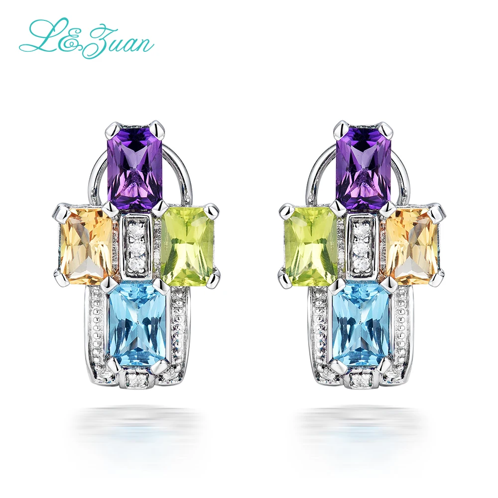 

l&zuan S925 Silver Womens Stud Earrings Trendy Cross 1.058ct Amethyst&Topaz&Citrine Four Natural Gemstones Fine Jewelry
