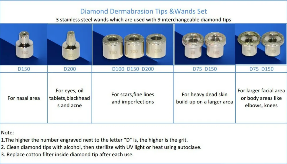 Уход за кожей Алмазная дермабразия машина микродермабразия 9 наконечников и 3 палочки из нержавеющей стали