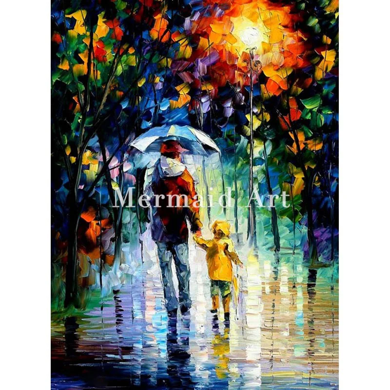 

Hand Painted Oil Painting On Canvas Rainy Walk With Daddy Abstract Palette Knife Painting Living Room Wall Decor Artwork Poster