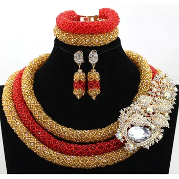 

Luxury Nigerian Wedding Bridal Beads Jewelry Set Red and Gold African Traditional Ceremony Jewelry Set Free shipping WA954
