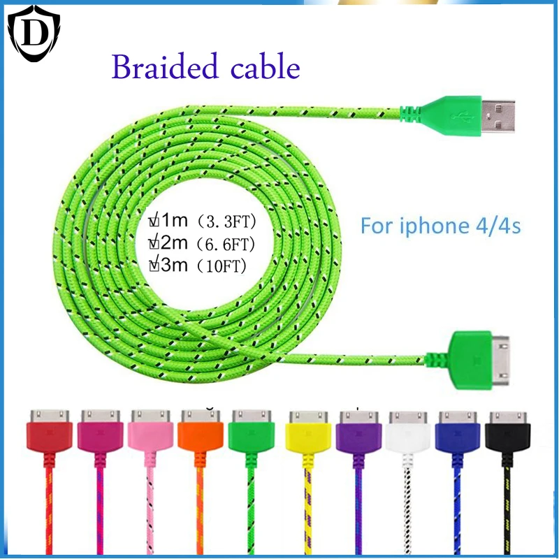 3m 2m 1m Colorful Fabric Braided USB Cable For iphone 4/4S 3ft 6ft 10ft Cord Charger Charging